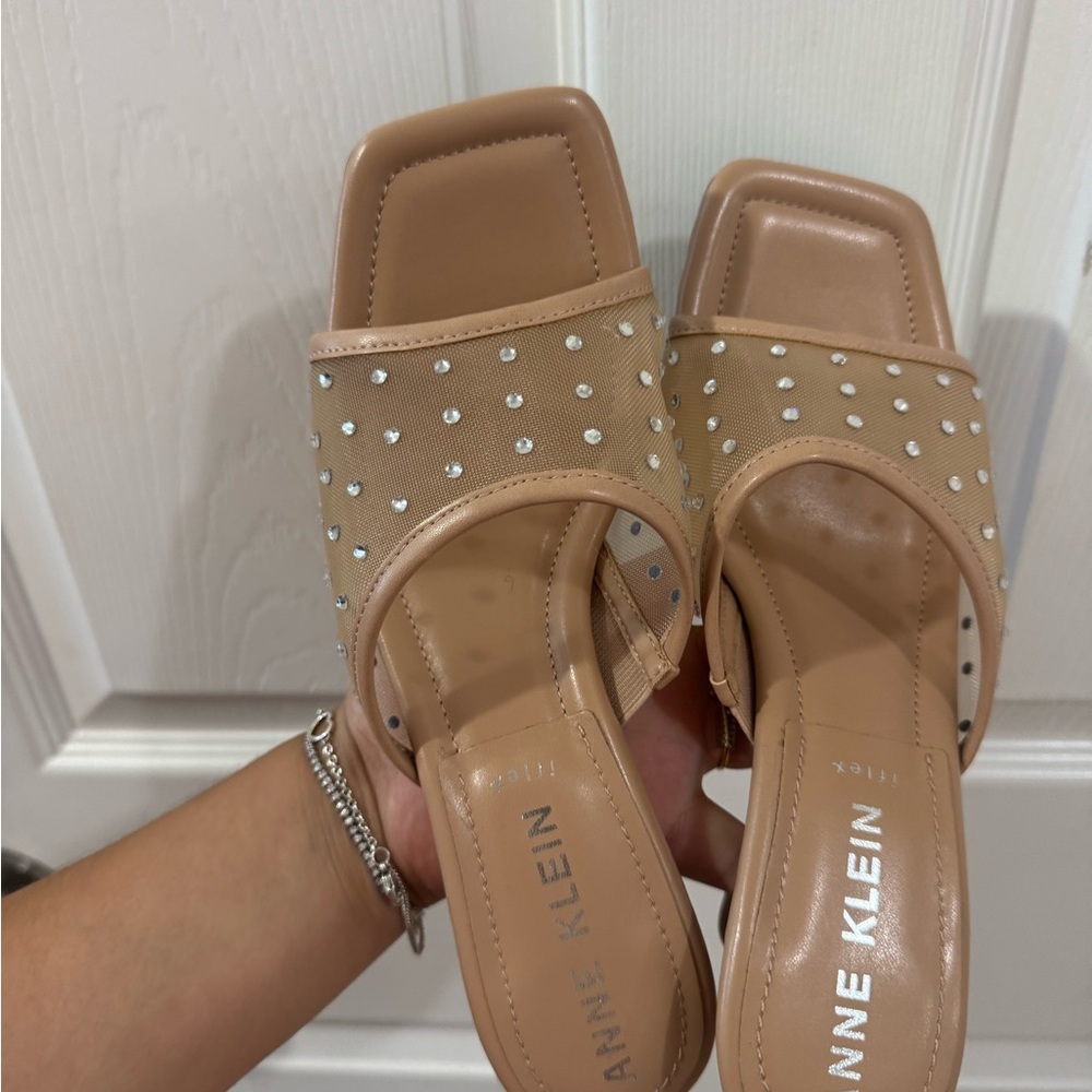 Anne Klein Tan Mules with Silver Accents
